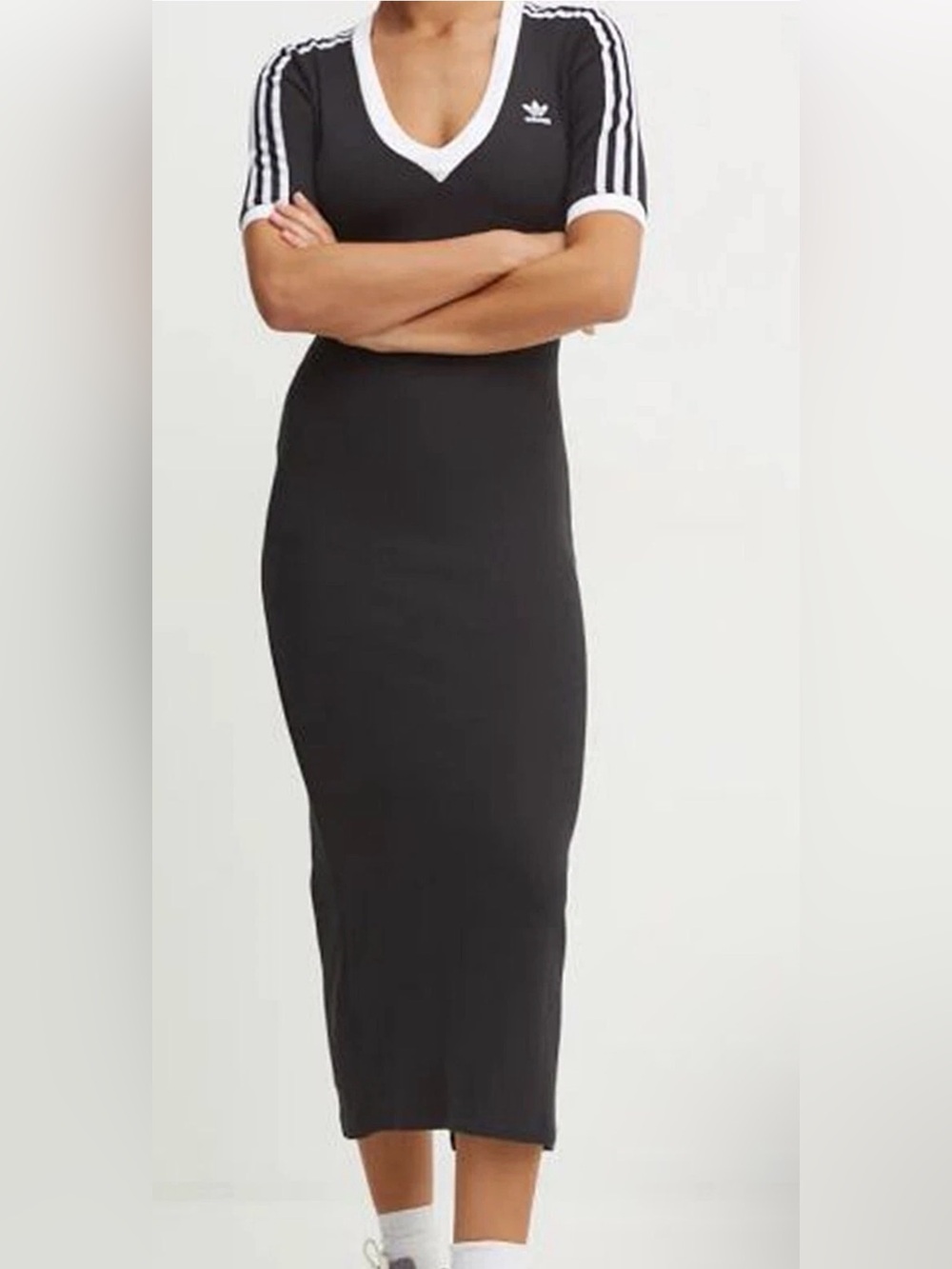 ADIDAS ORIGINALS ADICOLOR 3 STRIPES KNIT V NECK WINTER DRESS BLACK WOMENS XS